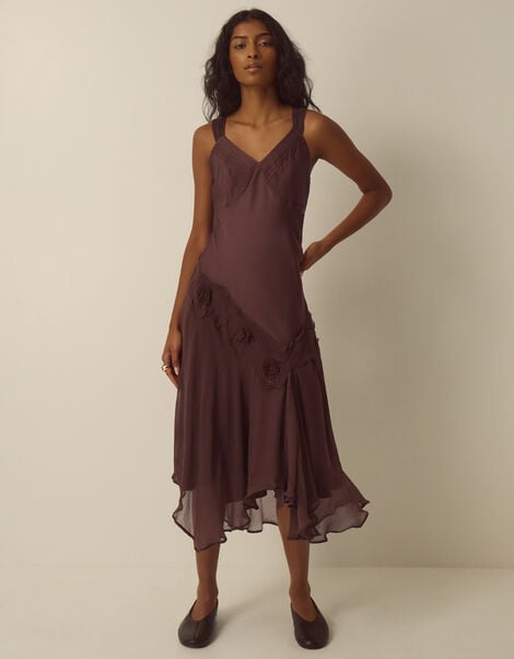 Ruby Sleeveless Asymmetrical Floral Embroidered Midi Dress, Brown (CHOCOLATE), large