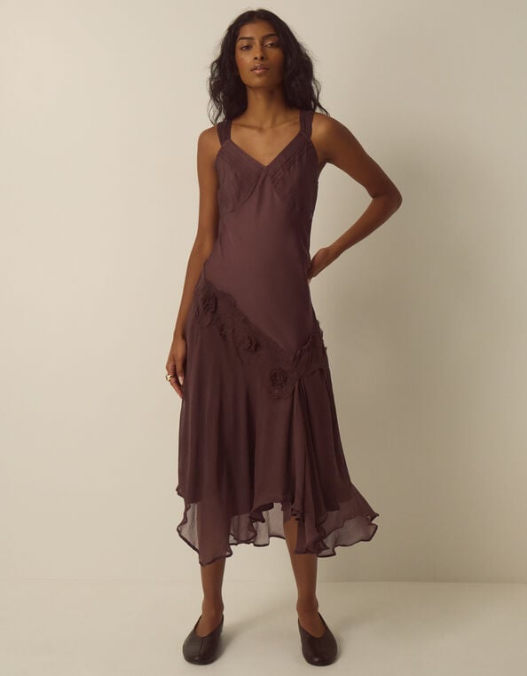 Ruby Sleeveless Asymmetrical Floral Embroidered Midi Dress, Brown (CHOCOLATE), large