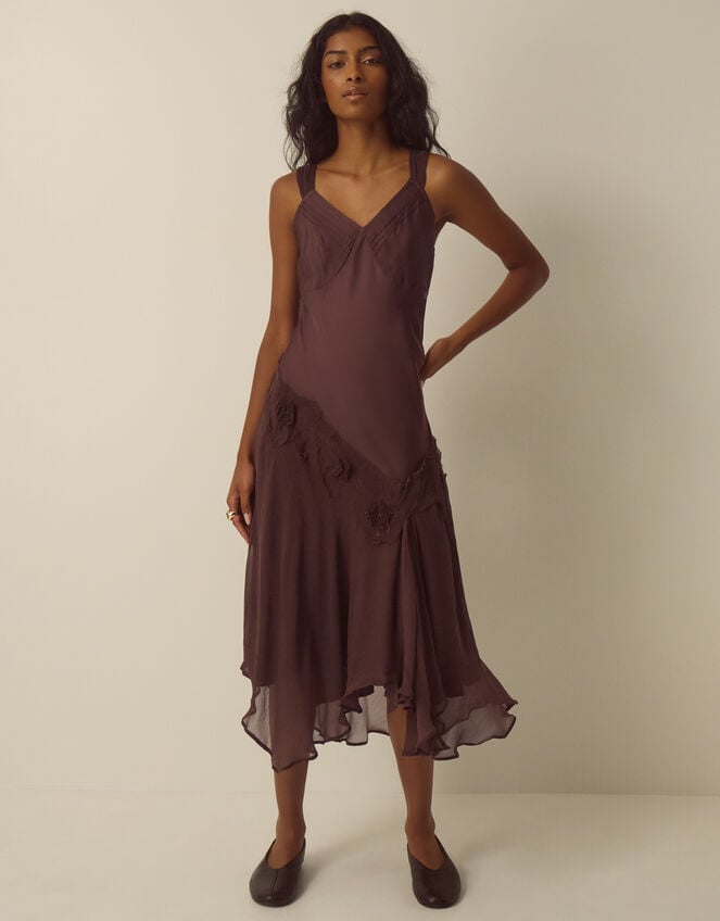 Ruby Sleeveless Asymmetrical Floral Embroidered Midi Dress, Brown (CHOCOLATE), large