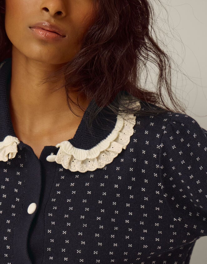 Camila Broderie Collar Cardigan, Blue (NAVY), large