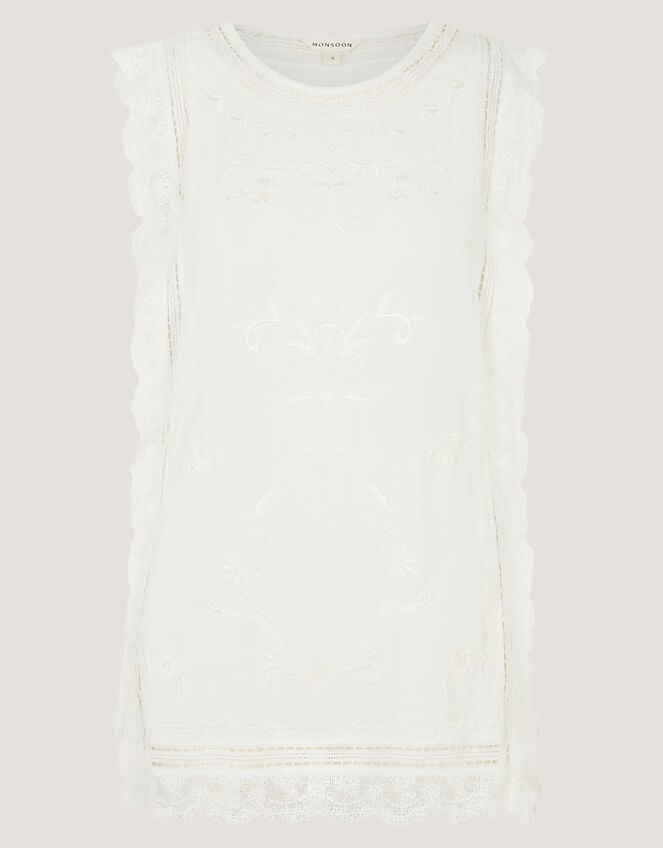 Taylor Sleeveless Embroidered Lace Top, White (WHITE), large