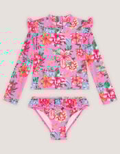 Tropical Flower Print UPF50+ Long Sleeve Swim Set, Pink (PINK), large