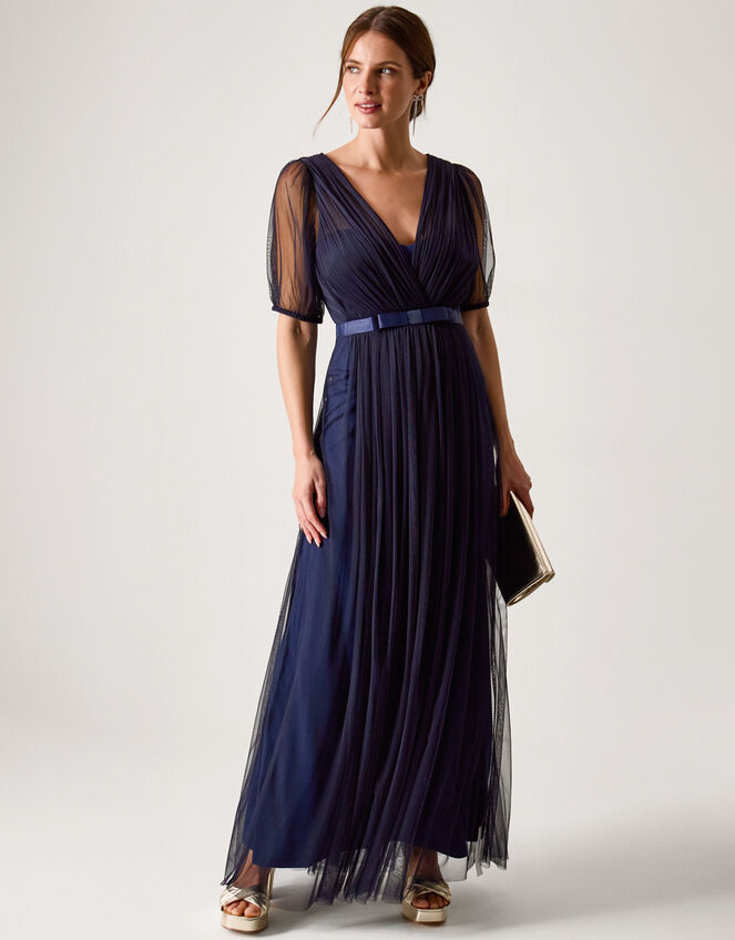 Ellie Sheer Sleeve Plunge Tulle Maxi Dress, Blue (NAVY), large