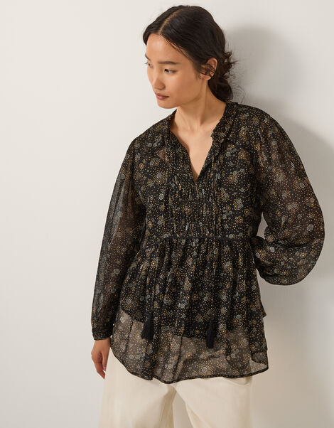 Clara Dotwork Print Blouse, Black (BLACK), large