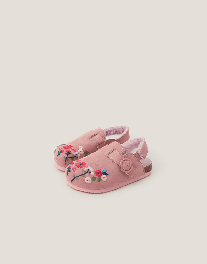 Faux Fur Floral Embroidered Clogs, Pink (PINK), large