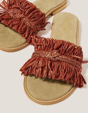 Rhia Leather Raffia Slide Sandals, Orange (RUST), large