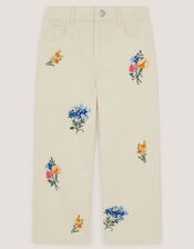 Sequin Floral Embroidered Wide Leg Jeans, Ivory (IVORY), large