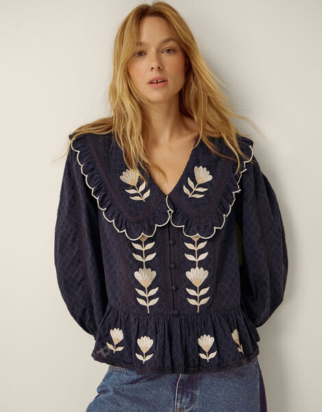 Talia Tulip Embroidered Scallop Collar Top, Blue (NAVY), large