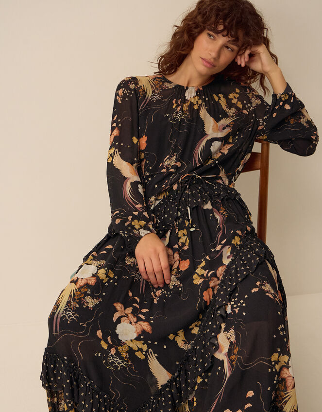 Clemence Margaux Long Sleeve Contrast Frill Floral Print Maxi Dress, Black (BLACK), large