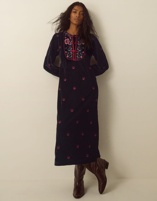 Agnes Long Sleeve Embroidered Velvet Midi Dress, Black (BLACK), large
