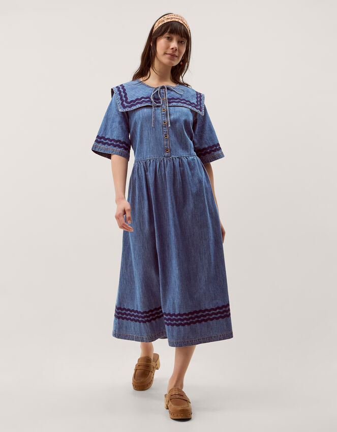 Shelby Square Collar Denim Midi Dress, Blue (MID AUTHENTIC BLUE), large