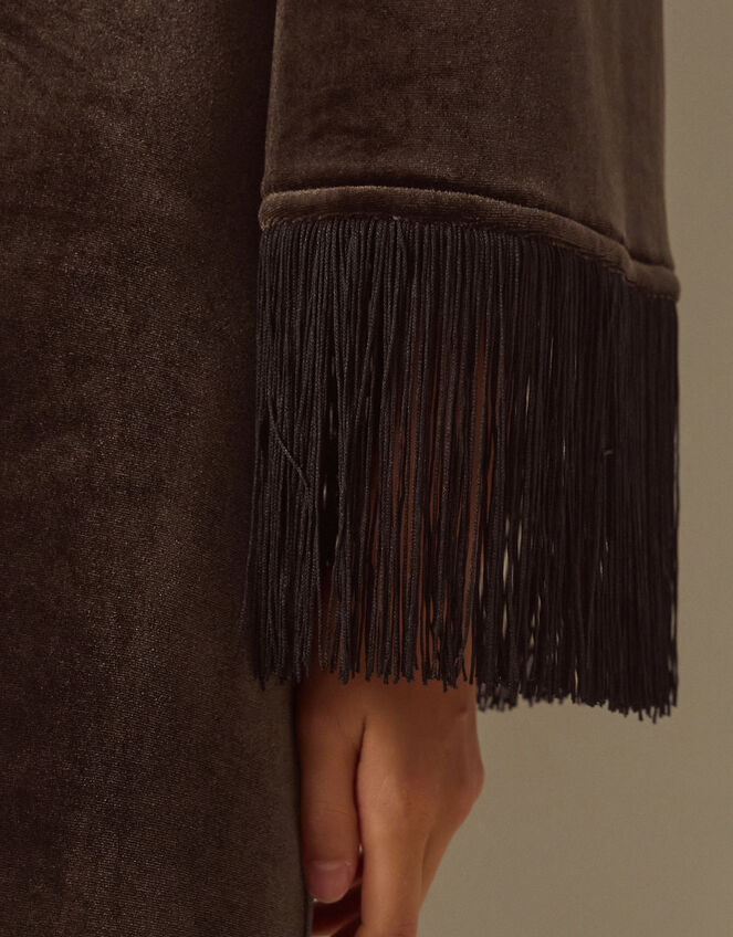 Tegan Long Sleeve Fringe Velvet Maxi Dress, Brown (CHOCOLATE), large