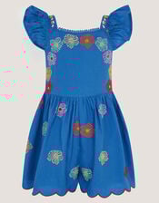 Floral Embroidered Scallop Trim Romper, Blue (BLUE), large