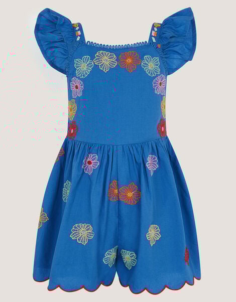 Floral Embroidered Scallop Trim Playsuit, Blue (BLUE), large