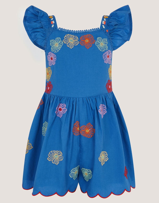 Floral Embroidered Scallop Trim Romper, Blue (BLUE), large