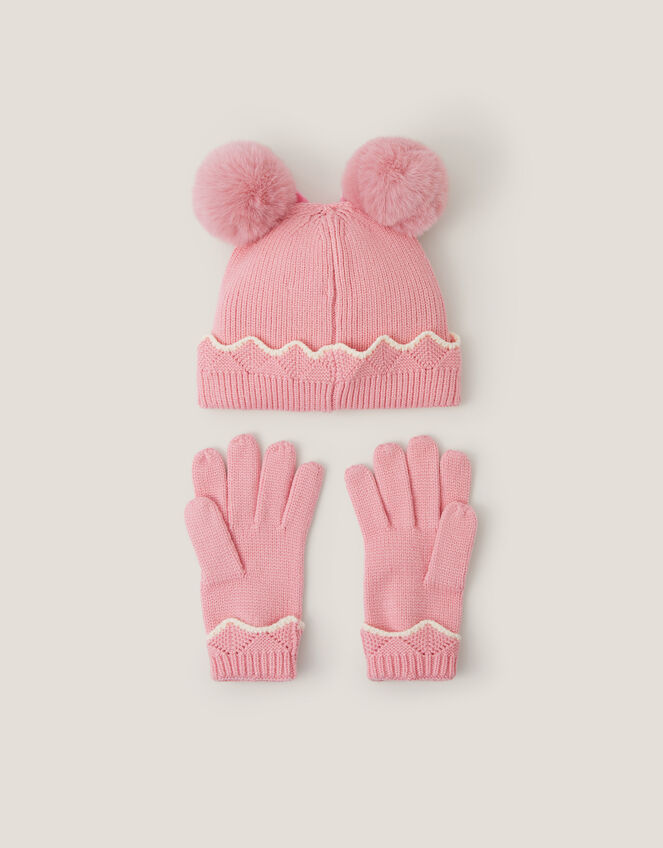 Scallop Beanie Hat & Gloves Set, Pink (PINK), large
