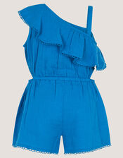 One Shoulder Floral Embroidered Romper, Blue (BLUE), large