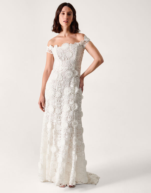 Clare Floral Embroidered Bardot Bridal Dress, Ivory (IVORY), large