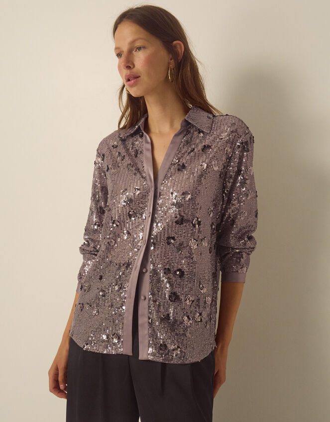 Seema Long Sleeve Sequin Shirt, Mink (MINK), large
