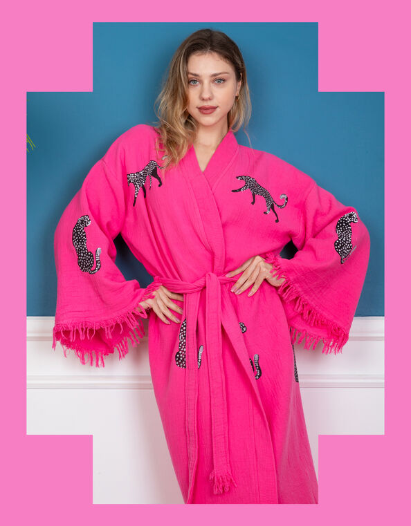 Meraki Beach Wild Leopard Kimono Robe, Pink (PINK), large