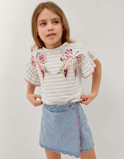 Sequin Bow Stripe T-Shirt, Ivory (IVORY), large