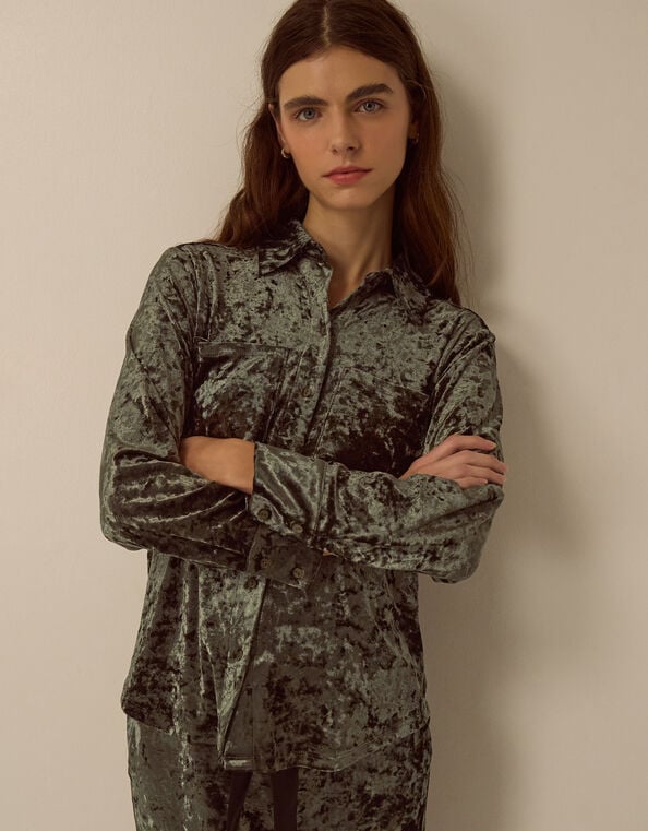 Ola Oversized Velvet Shirt, Green (KHAKI), large