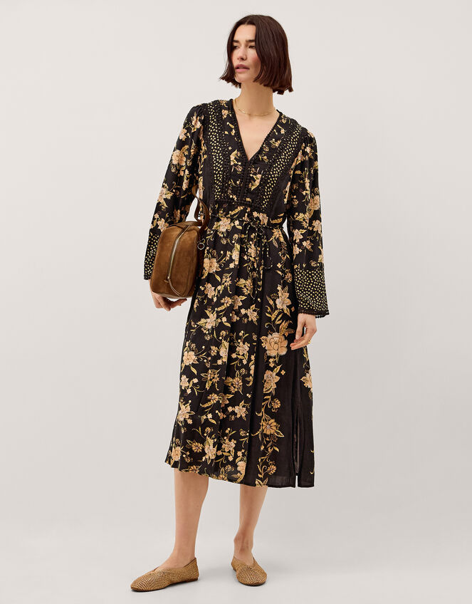 Rosaleigh V-Neck Floral Midi Dress, Black (BLACK), large