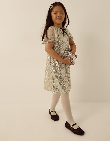 Monsoon x Queens of Archive Cape Sleeve Sequin Party Dress, Silver (SILVER), large