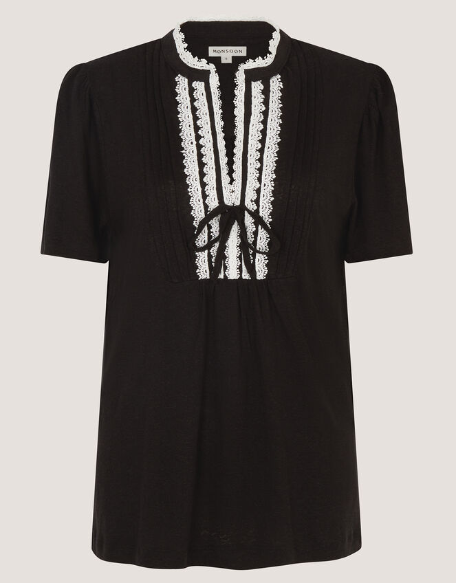 Lucia Lace Linen Blend T-Shirt, Black (BLACK), large