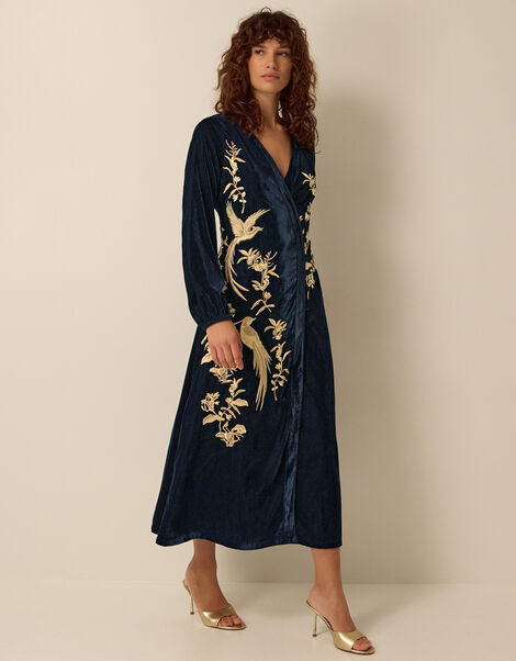 Clemence Florentinie Long Sleeve Embroidered Velvet Midi Dress, Blue (BLUE), large
