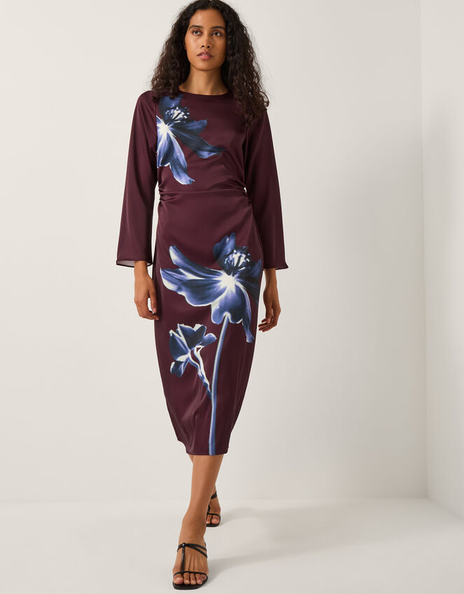 Polly Floral Print Midi Dress, Red (BURGUNDY), large