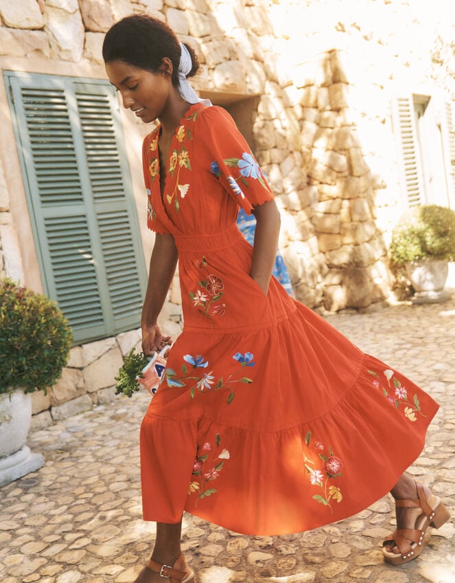 Emma Floral Embroidered Midi Dress, Red (RED), large