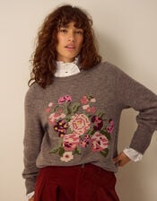 Carri Floral Cross Stitch Crew Neck Jumper, Mink (MINK), large
