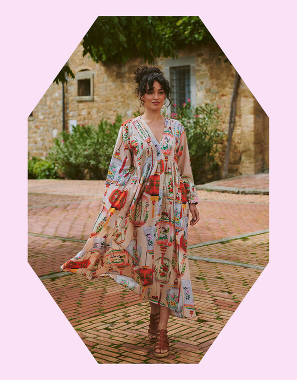 One Hundred Stars Lanterns Print Midi Dress, Red (RED), large