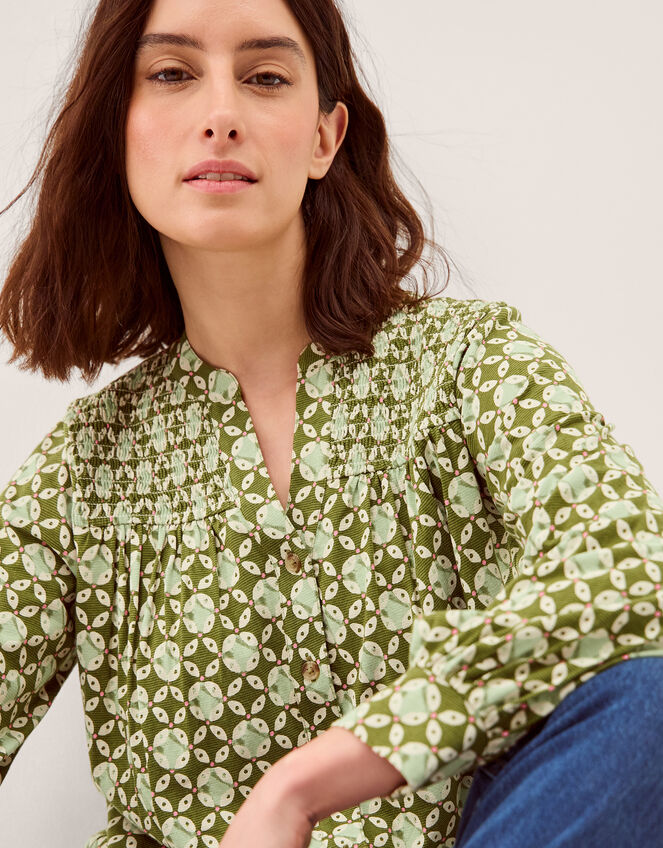 Kalani Geometric Jersey Blouse, Green (KHAKI), large