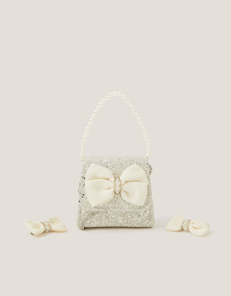 Glitter Pearl Bow Handbag & Hair Clips Set, , large