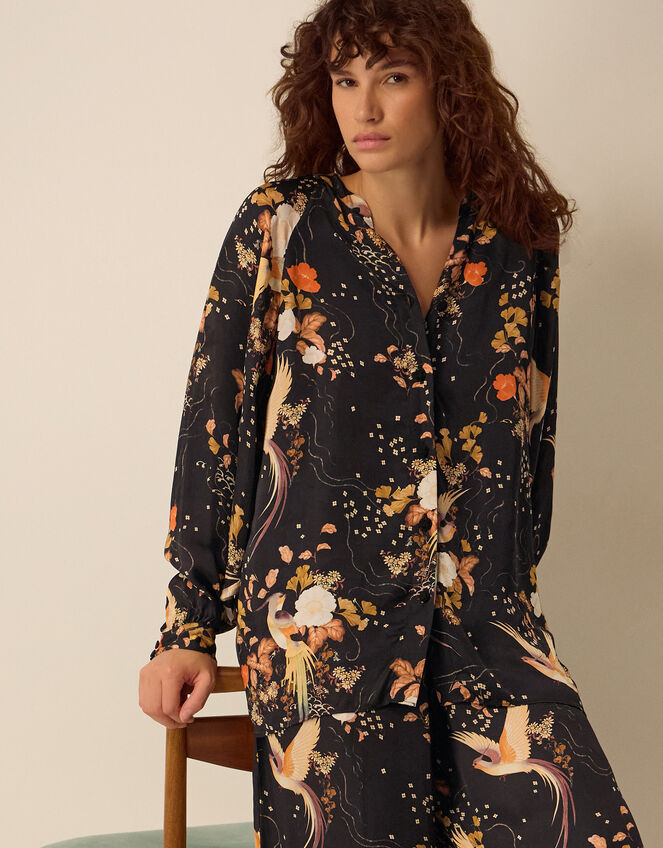 Clemence Seraphine Floral Print Satin Blouson Blouse, Black (BLACK), large