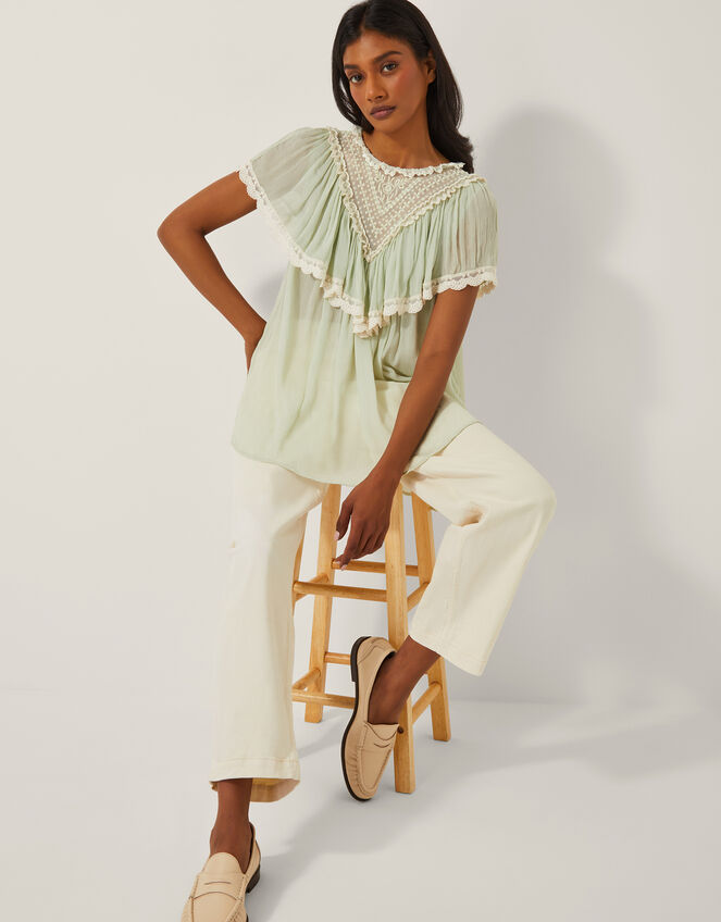 Maria Sheer Lace Ruffle Top, Green (PALE GREEN), large