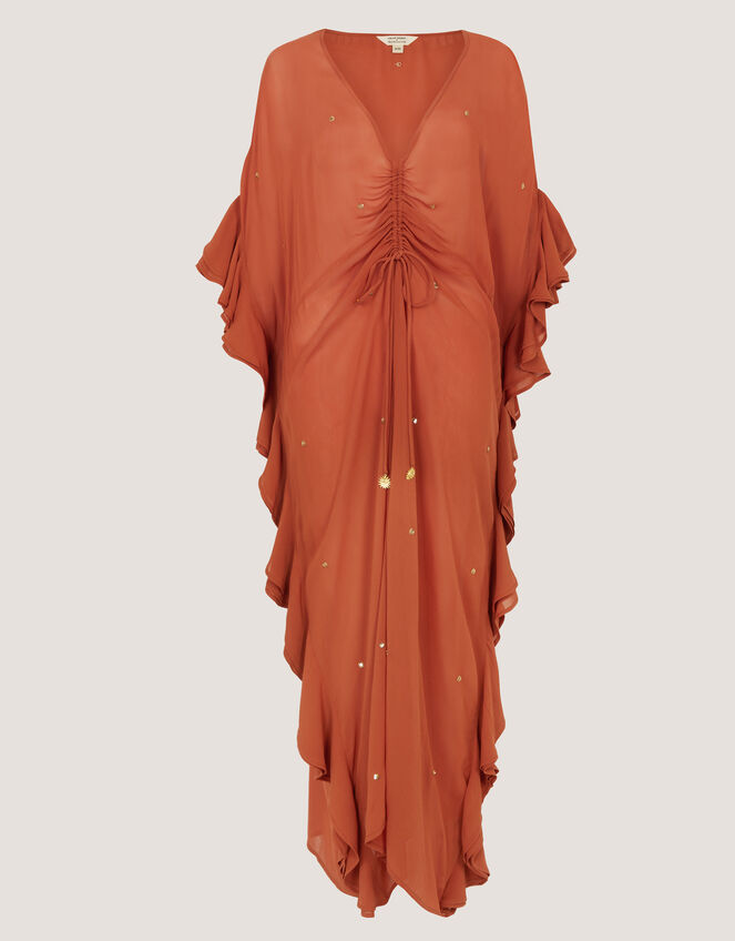 Callie Thorpe x Monsoon Embellished Ruffle Sheer Maxi Kaftan, Orange (RUST), large
