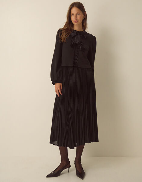 Emilee Velvet Bow Pleated Midi Dress, Black (BLACK), large