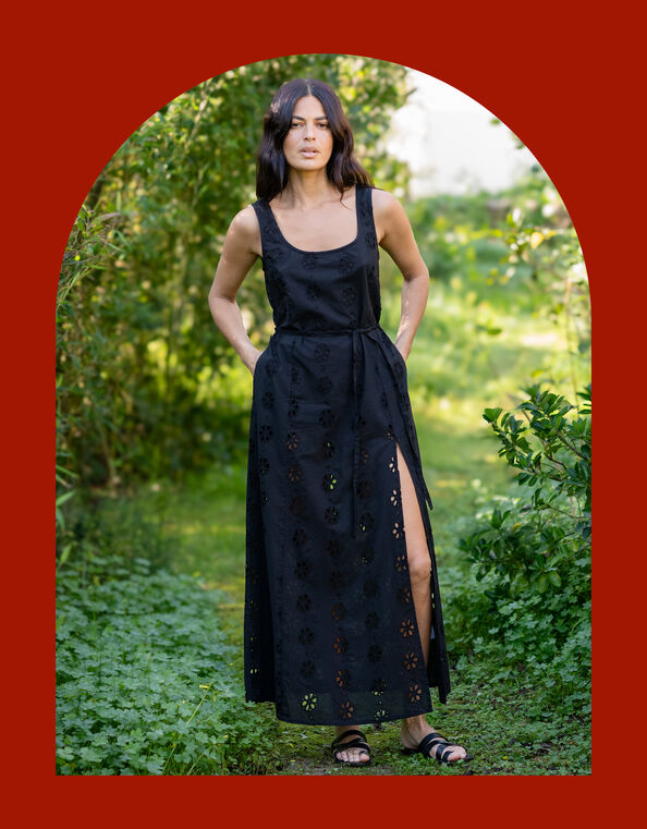 Lyrical Sisters Sleeveless Broderie Maxi Dress, Black (BLACK), large