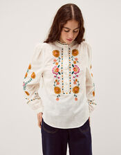Emmy Embroidered Long Sleeve Top, White (WHITE), large