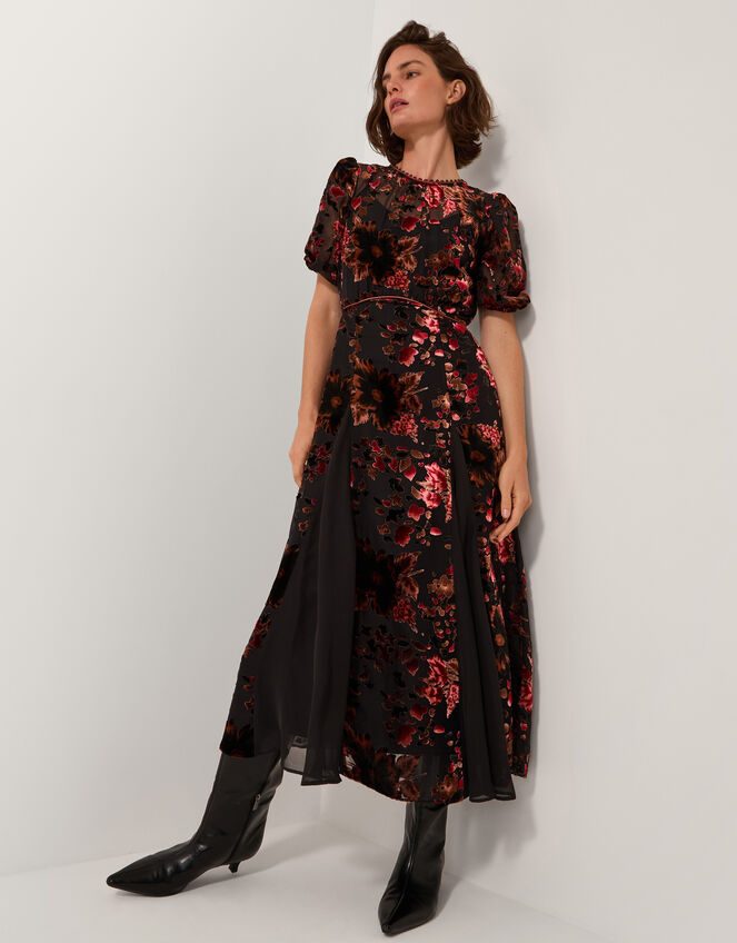 Carolyn Floral Devor&eacute; Midi Dress, Black (BLACK), large