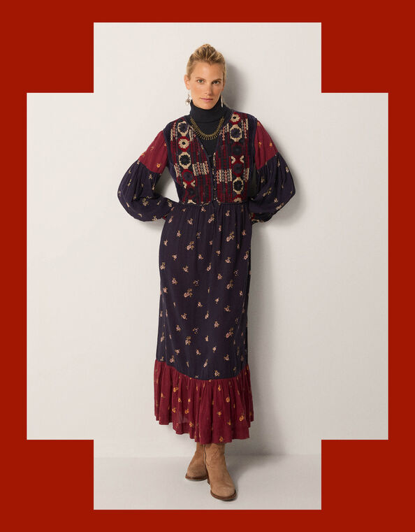 Maison Hotel Ginevra Embroidered Floral Print Midi Dress, Blue (BLUE), large