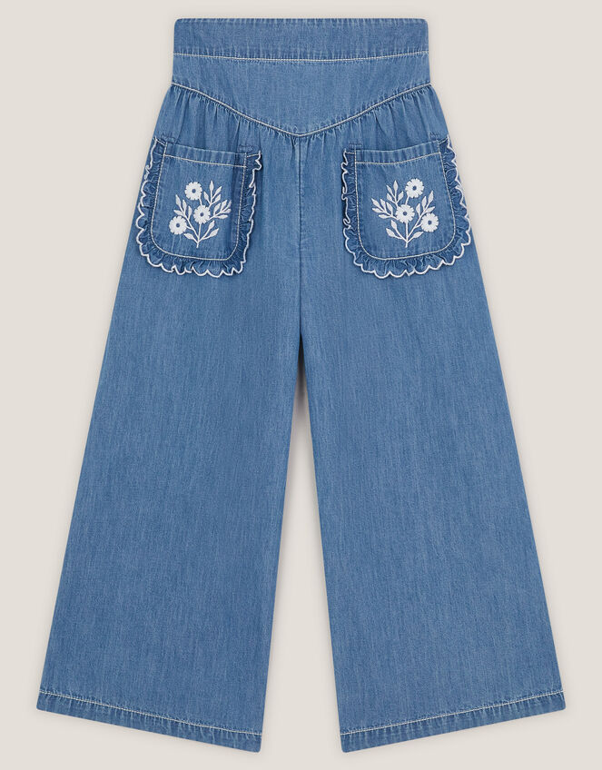 Embroidered Pocket Chambray Trousers, Blue (BLUE), large