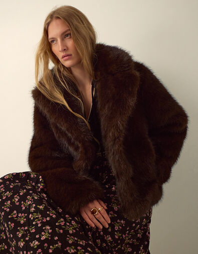 Monsoon x Queens of Archive Betty Short Faux Fur Coat​, Brown (BROWN), large