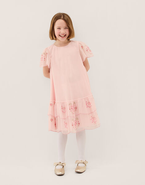 Heart Embellished Mesh Party Dress, Pink (PINK), large