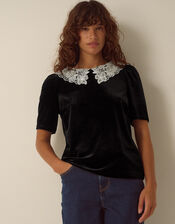 Lenora Lace Collar Velvet Top, Black (BLACK), large