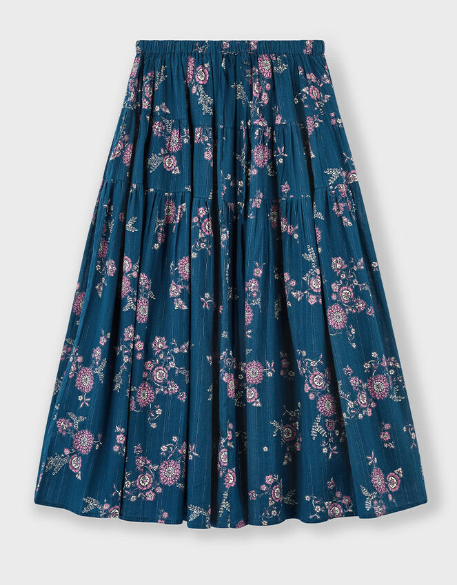 East Layla Floral Print Cotton Midi Skirt, Blue (BLUE), large