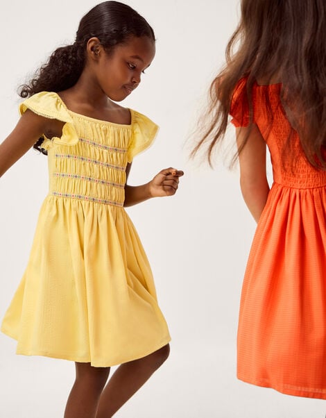 Smocked Square Neck Dress, Yellow (YELLOW), large